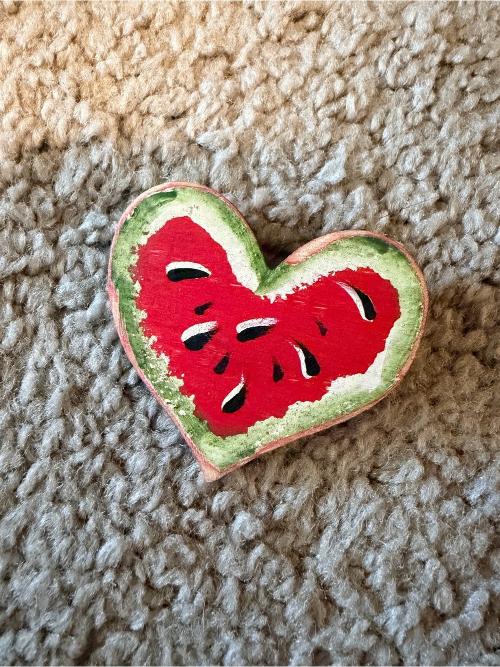 Vintage Tole Painted Watermelon Slice Heart Wooden Brooch Pin for Women